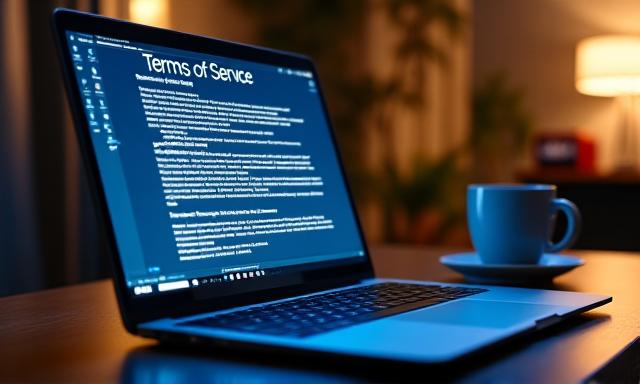 Digital interface showing software terms of service on a laptop screen